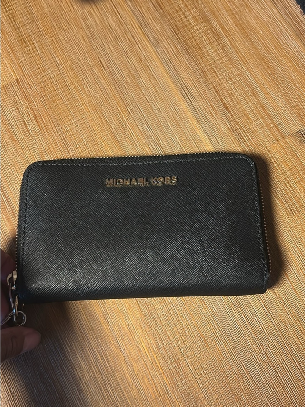 Michael Kors Black Saffiano Zip Wallet with Gold Logo